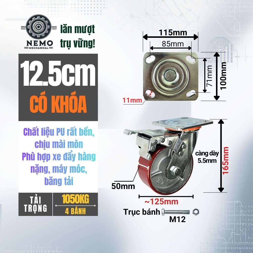 Bánh Xe PU Lõi Sắt Tải Nặng – Khung Càng Thép 5.5mm (D100, D125, D150, D200)